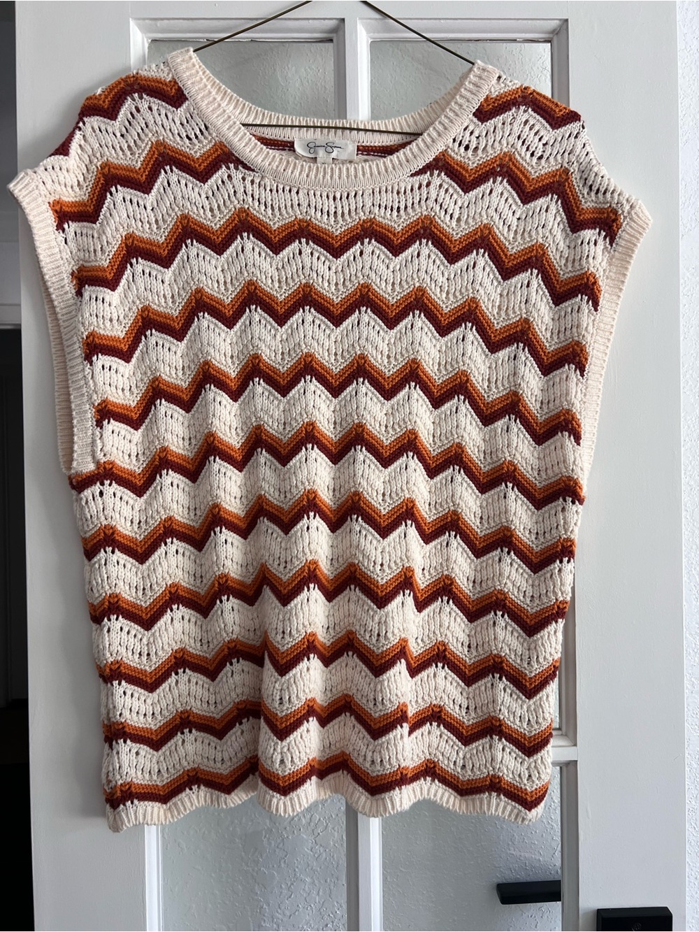 Cream Chevron Knit Sleeveless Sweater with Rust and Brown Stripes